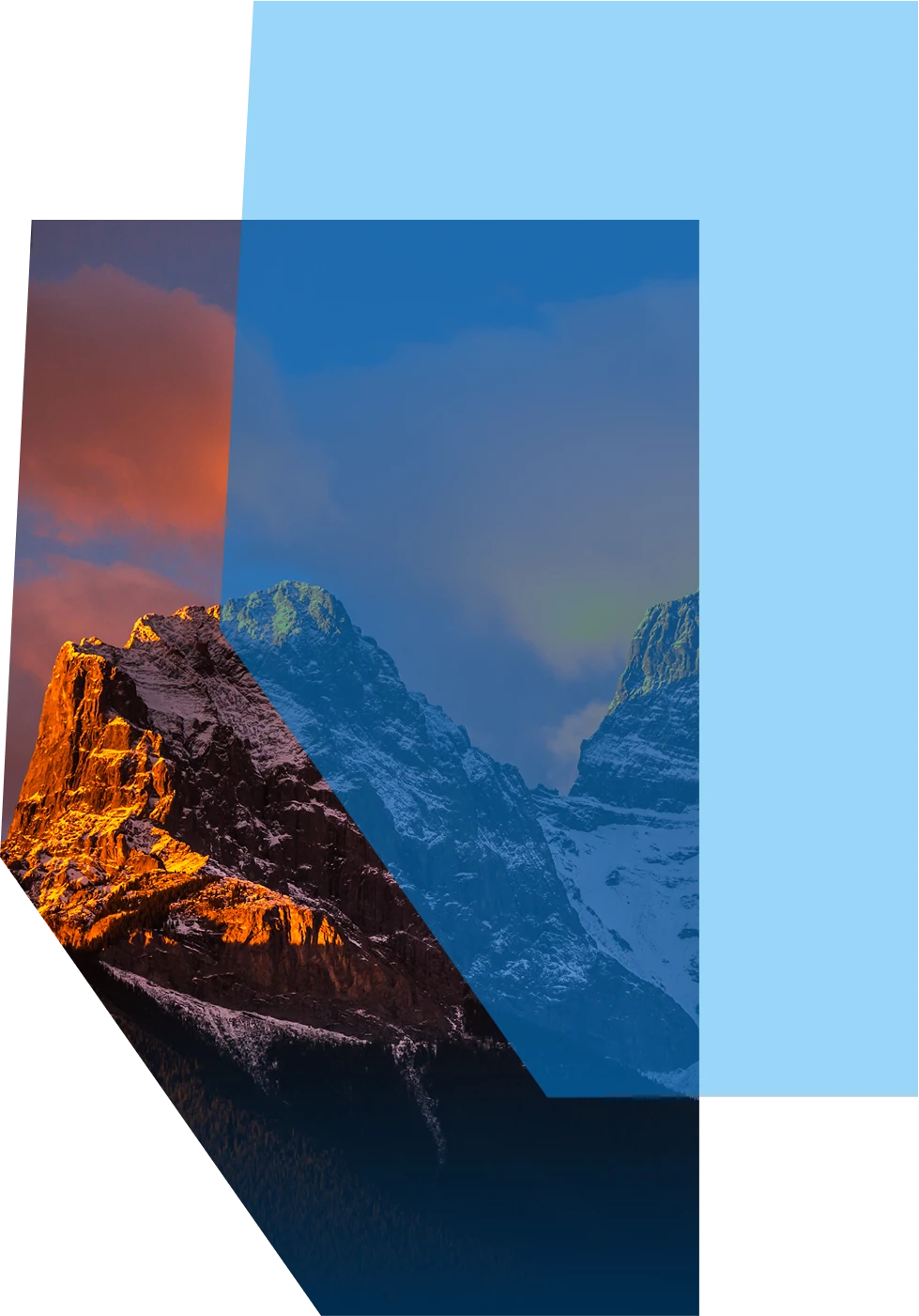 An image of the sunrise casting pink light on the Rocky Mountains (Three Sisters) inside the shape of Alberta, with a second shape of Alberta overlapping in a light blue, creating some blue shading over the mountain image.